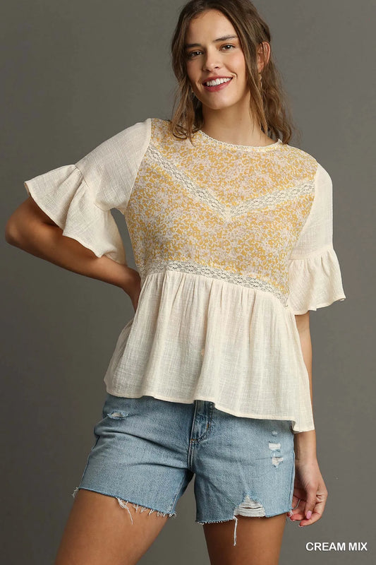 Umgee Floral Lace Trimmed Detail Half Sleeve Babydoll Top