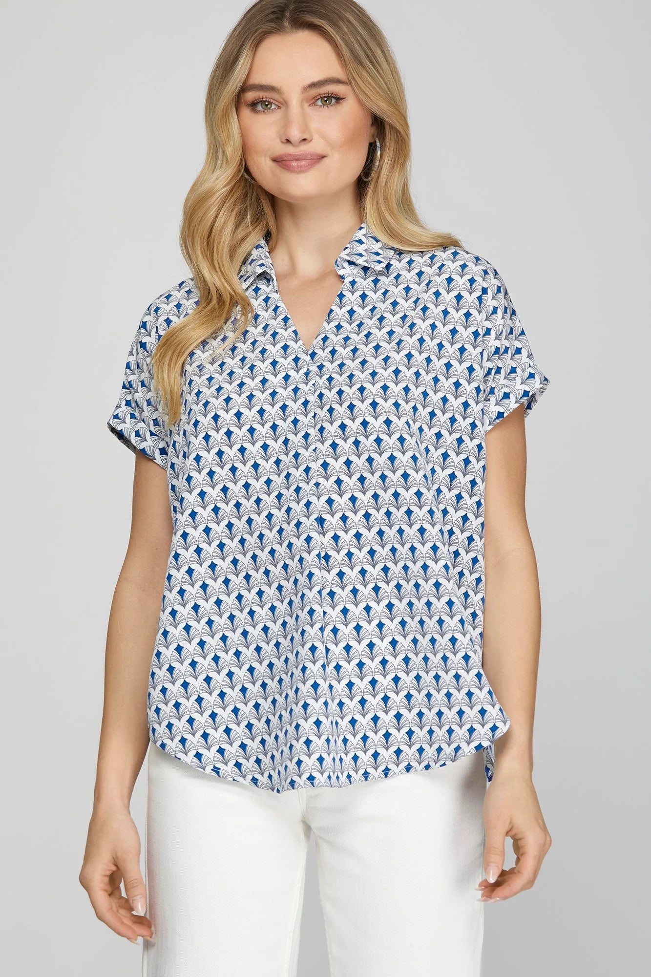 She + Sky Full Size Printed Johnny Collar Short Sleeve Blouse Plus Size