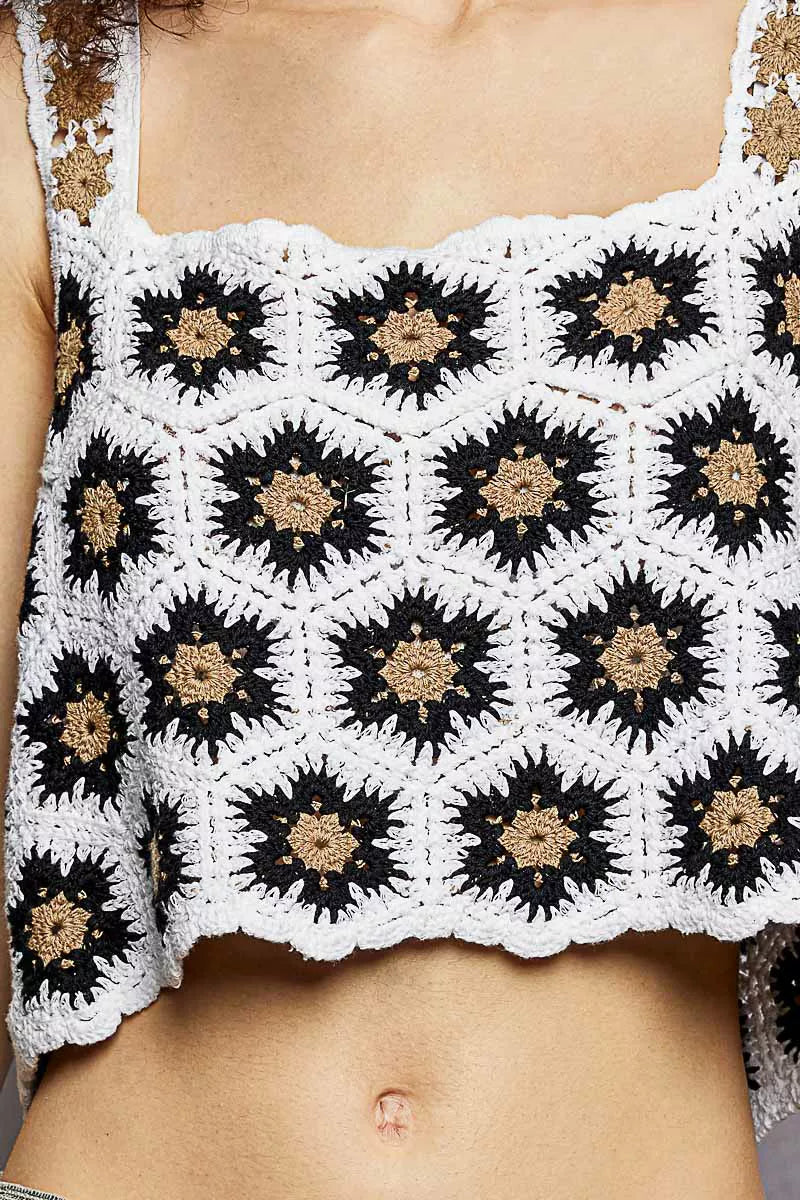 POL Handmade Crochet Floral Square Neck Cropped Cami