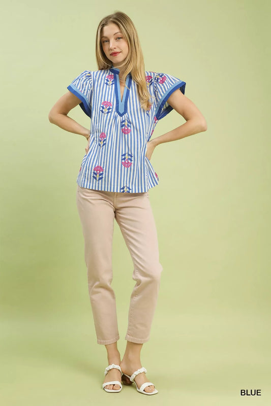 Umgee Embroidered Striped Flutter Sleeve Top