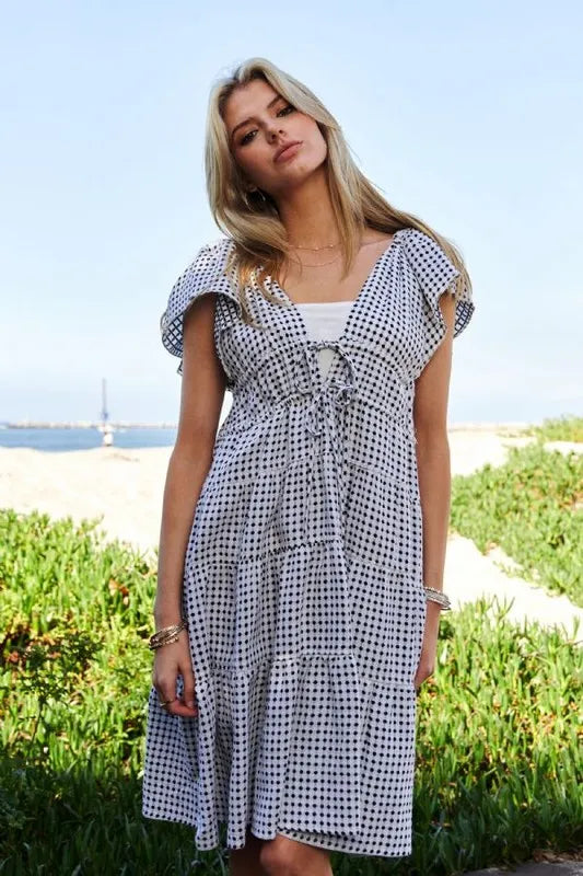 Davi & Dani Jacquard V-Neck Flutter Cap Sleeve Tiered Dress