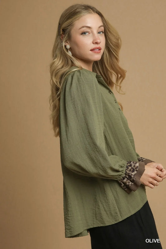 Umgee Half Button Blouse with Leopard Print Trim