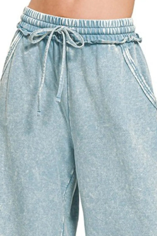 Zenana Washed French Terry Palazzo With Pockets