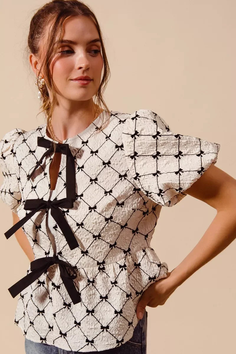SO ME Bow Texture Woven Peplum Top With Contrast Tie