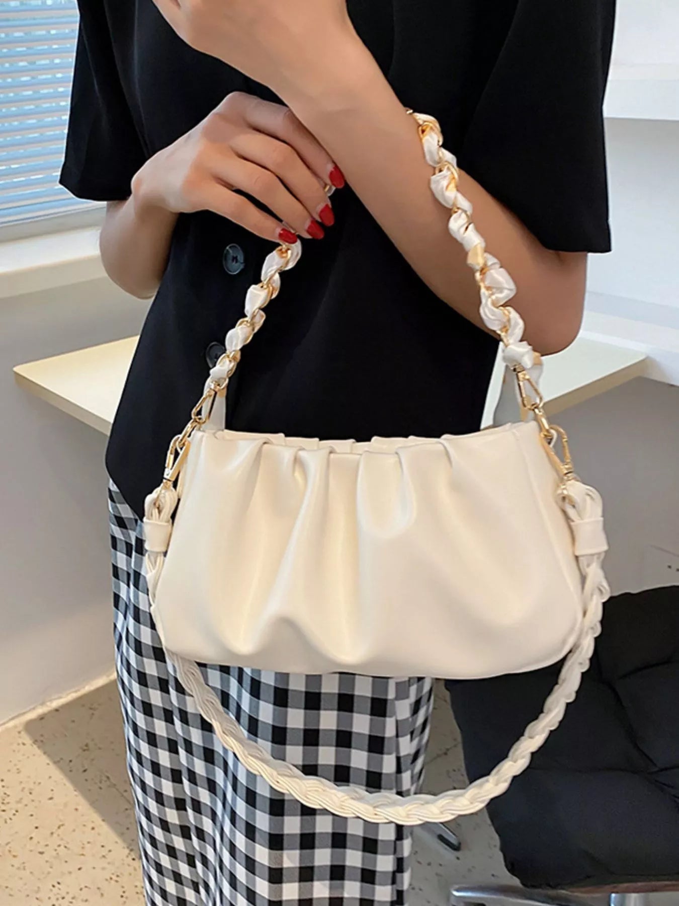 Ruched Braided Handle Shoulder Bag