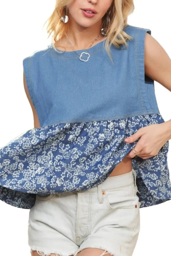 ADORA Sleeveless Denim Contrast Top