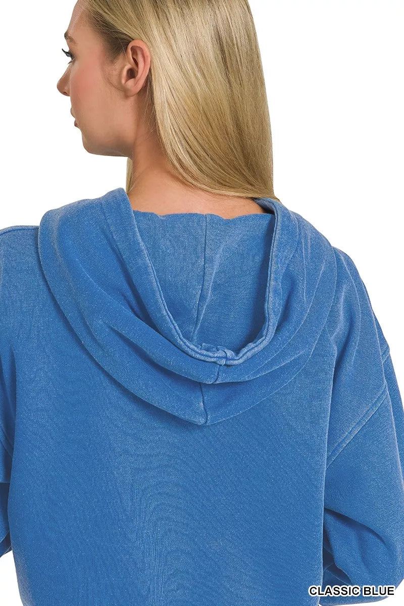 Zenana Fleece Pigment Dye Half Zip Kangaroo Pocket Hoodie