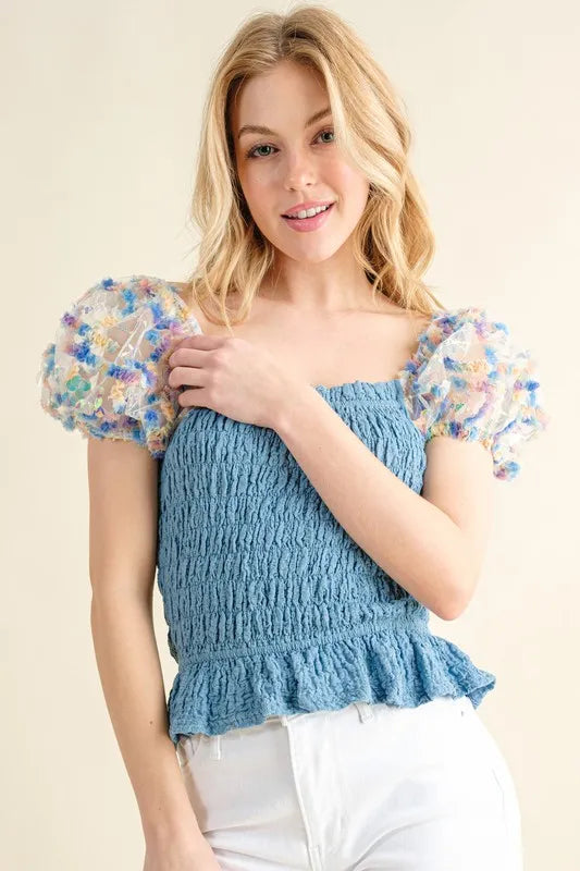 And The Why Embellishment Sleeve Smocked Top