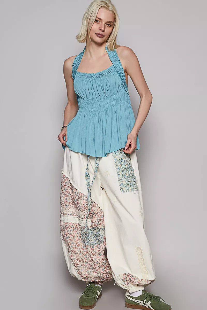 POL Backless Halter Sleeveless Top with Smocking Shirring Detail