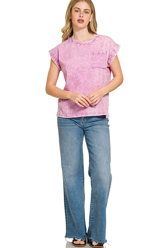 Zenana Full Size Crinkle Washed Round Neck Folded Short Sleeve Tee Plus Size