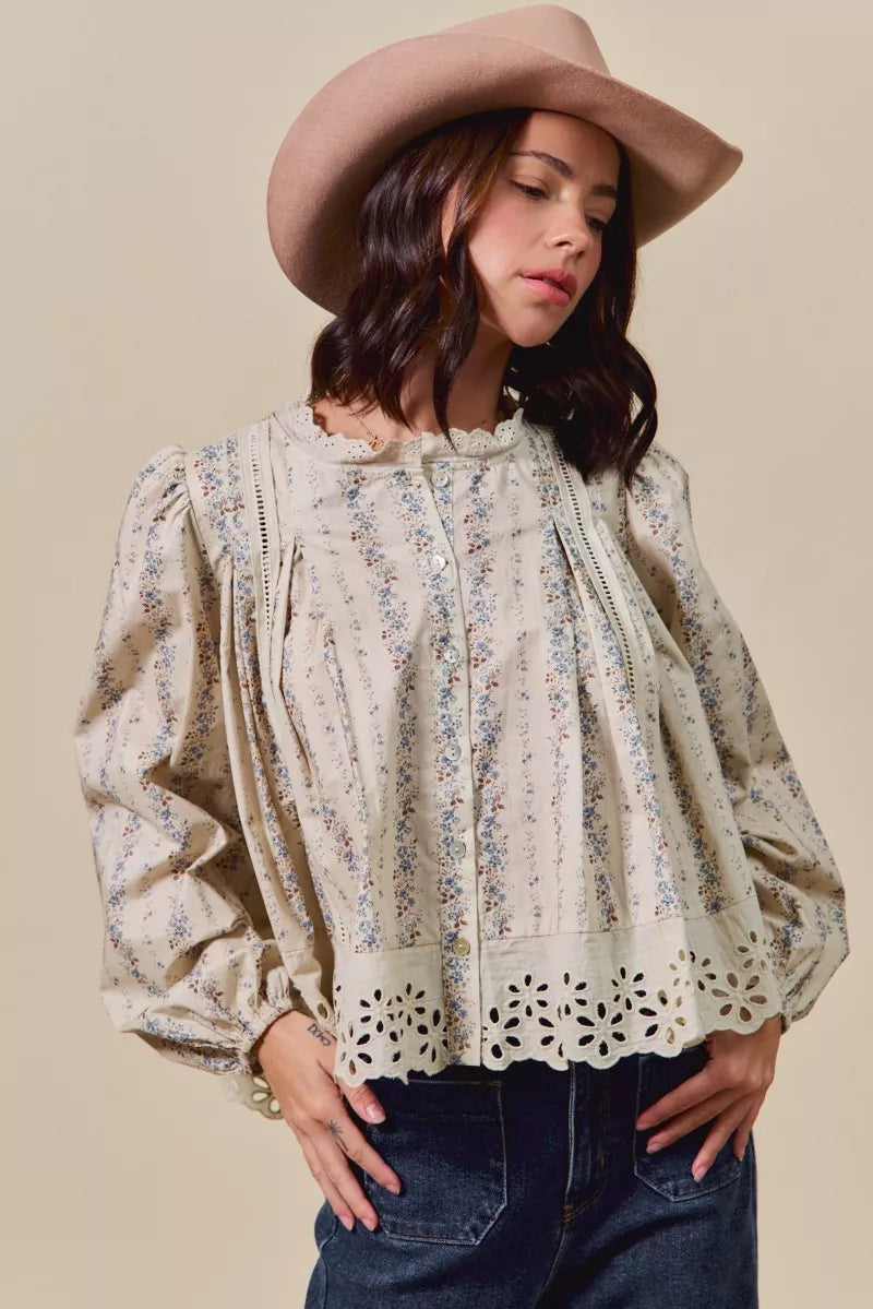 SO ME Floral Print Lace Button Down Shirt