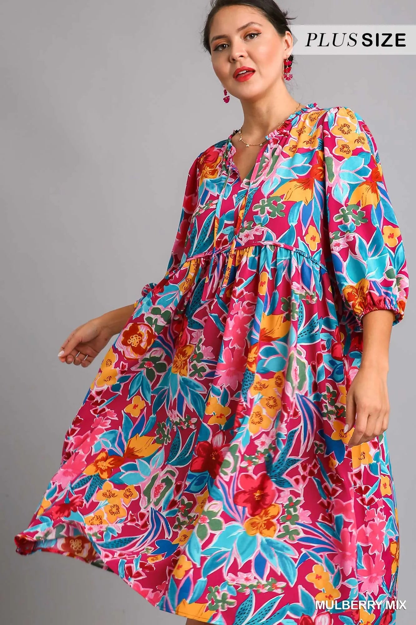 Umgee Full Size Floral Print Tie Neck Midi Dress with Pockets Plus Size