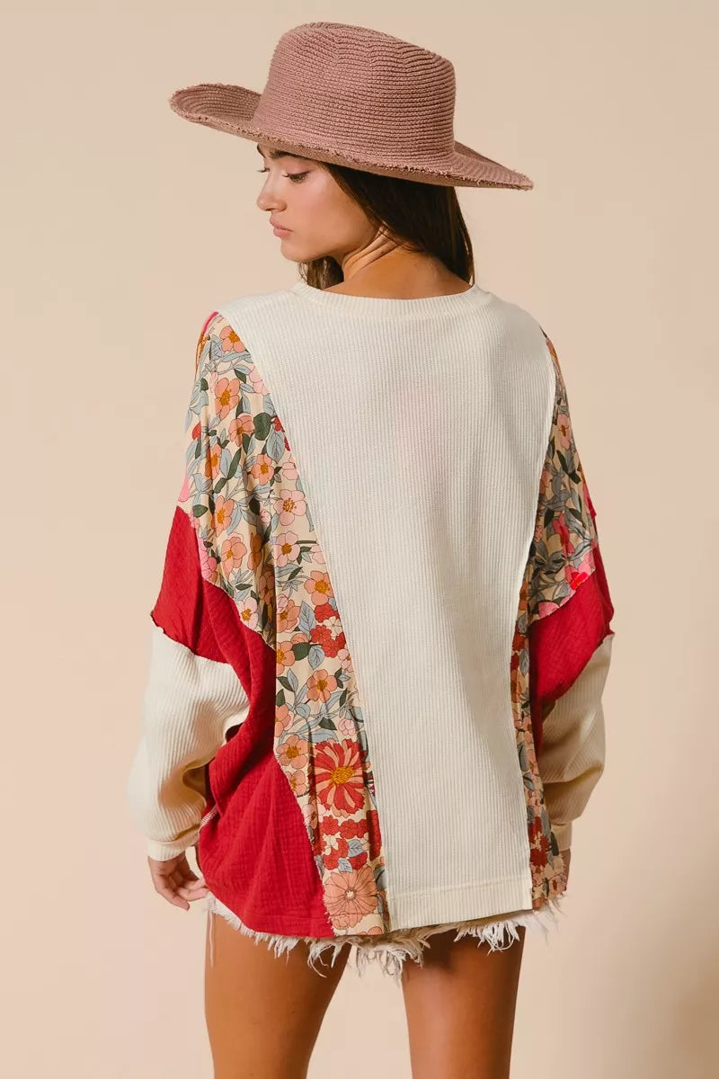 BiBi Floral Print Mixed Star Patch Round Neck Sweatshirt