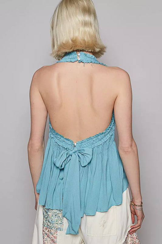 POL Backless Halter Sleeveless Top with Smocking Shirring Detail