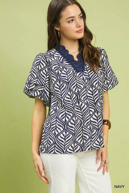 Umgee Printed Puff Sleeve Ruffle Neck Top