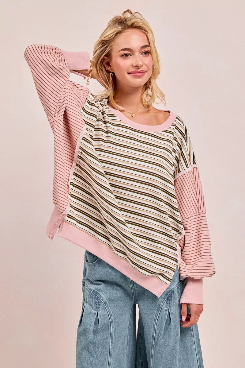 BiBi Stripe Mixed Top With Cut Edge And Reverse Outseam