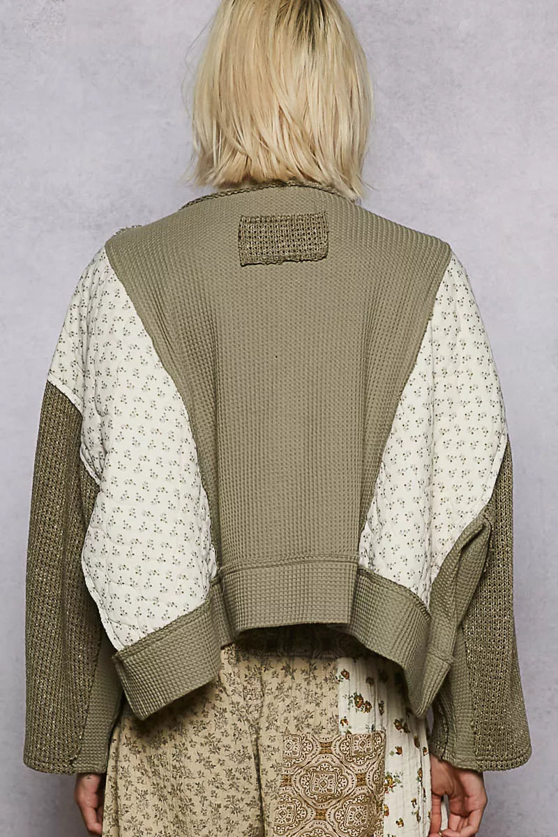 POL Mix Thermal Floral Pattern Quilted Knit Cropped Top with Raw Edge Detail